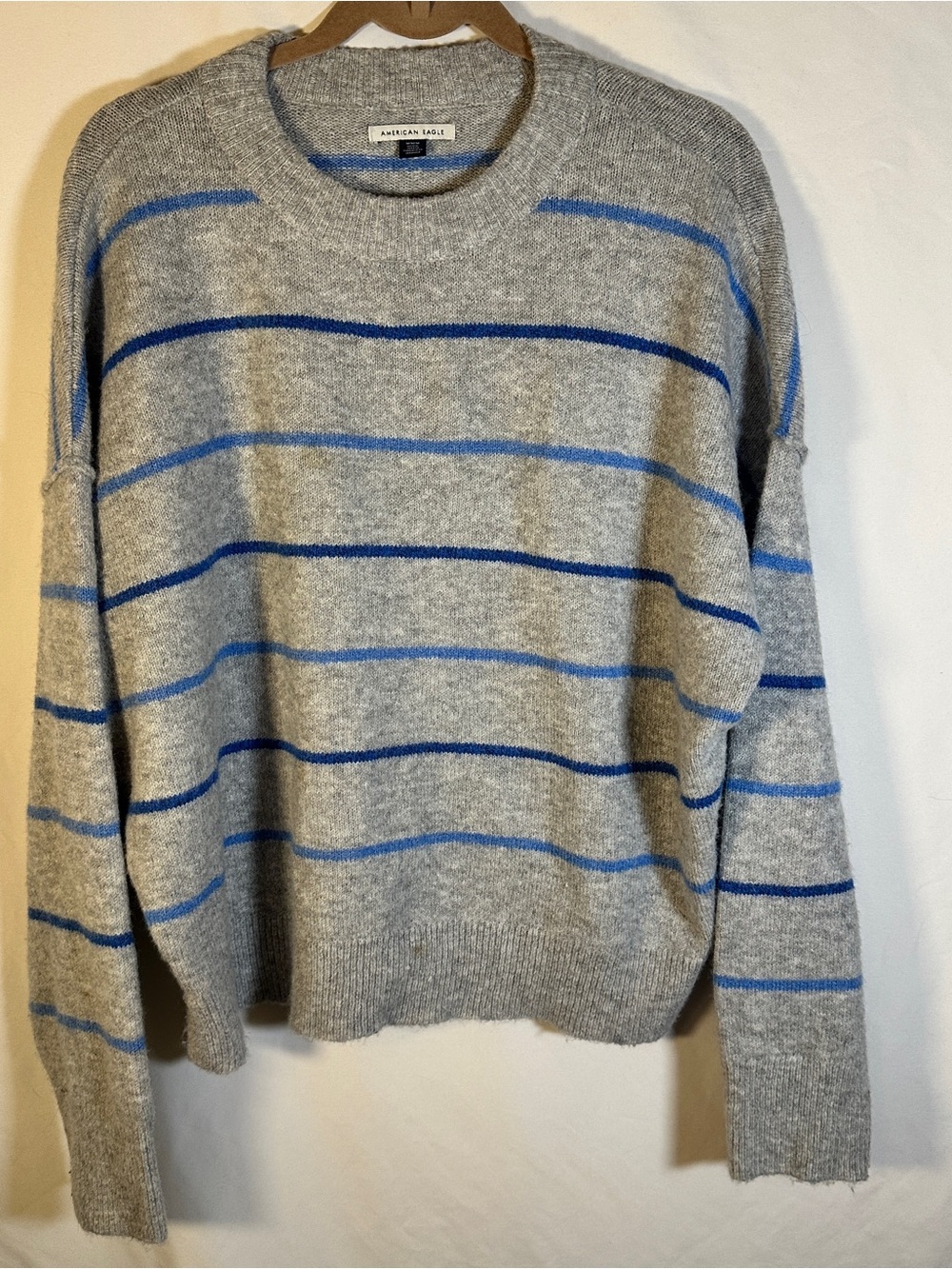 American Eagle Outfitters Gray Crewneck Sweater with Blue Stripes